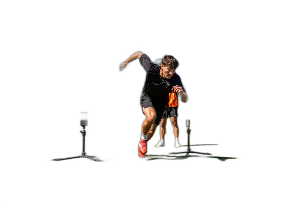 Player sprinting through laser timing gates