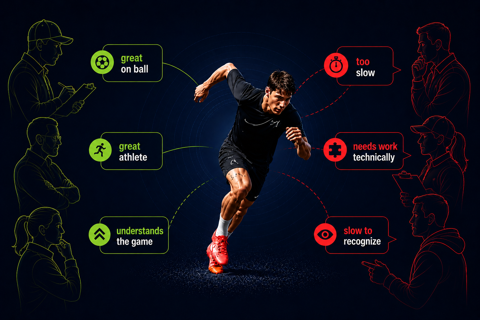 One player viewed six different ways: great on the ball, great athlete, understands the game, too slow, needs work technically, slow to recognize.